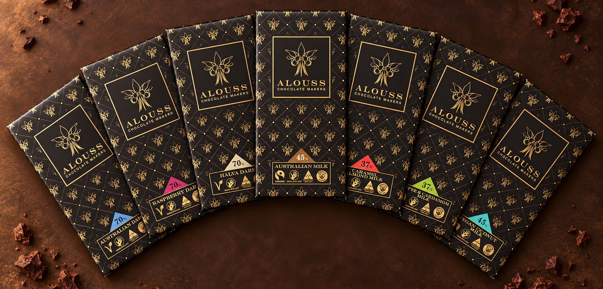 The Alouss collection: seven bars fanned out like a hand of cards